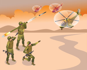 Fototapeta premium Portable air defense system in operation, vector illustration isometric icons on isolated background