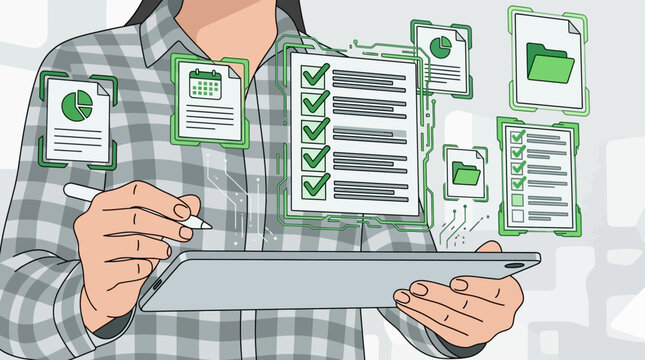 person using tablet to interact with digital interface and task checklist