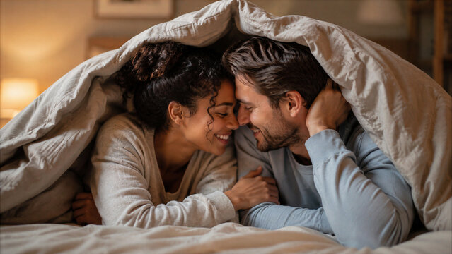 Young multiethnic couple smiling and cuddling under a blanket in bed, intimate romantic domestic lifestyle.