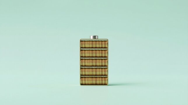 Symbolic battery icon made of stacked gold coins on light green background representing financial energy and investment savings growth