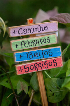 Plaqueta decorativa de jardim em madeira colorida com palavras manuscritas sobre sentimentos positivos cercada por folhas verdes