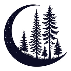 Obraz premium Stylized crescent moon and evergreen pine forest silhouette graphic with crescent, silhouette