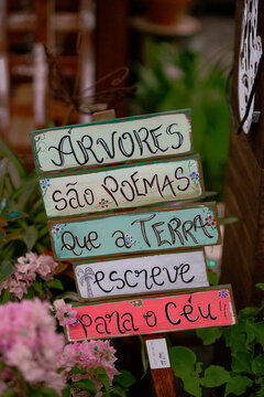 Placa decorativa de madeira empilhada com frase po&eacute;tica sobre &aacute;rvores e o c&eacute;u em meio a flores de buganv&iacute;lia rosa
