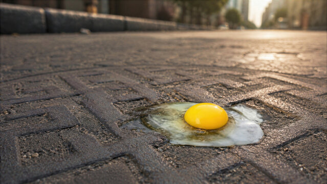 Raw egg frying on a hot asphalt manhole cover during an extreme urban heatwave.
