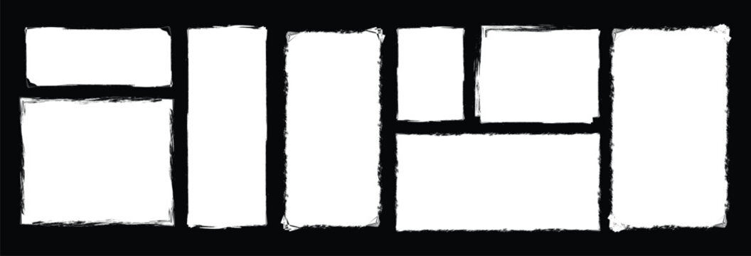 Rough brush stroke rectangle shape frame set. Square, rectangular border for text, abstract paint background.Vector rough vignette for interior wall print or promo banner bg design. 