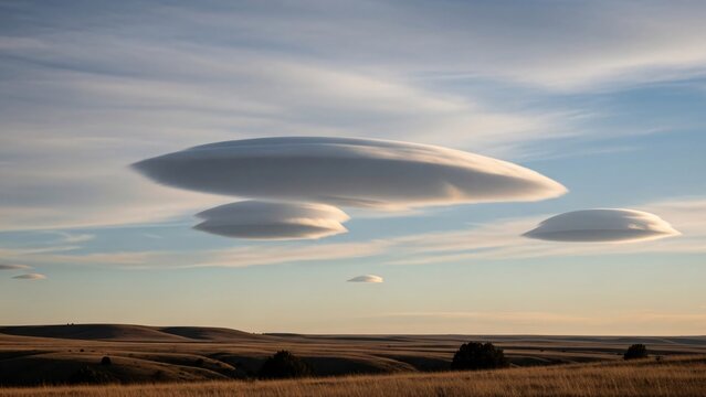Lenticular clouds over rolling hills