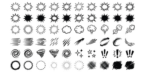 Set of hand drawn comic book action explosion effects and speed lines collection ©  creative  marlia