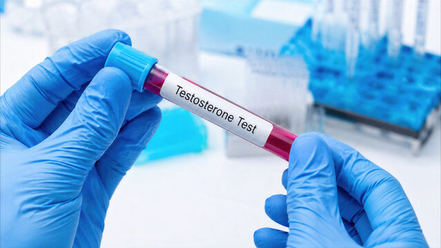 Healthcare professional in blue gloves holding a blood sample vial for a testosterone test in a medical clinic laboratory environment