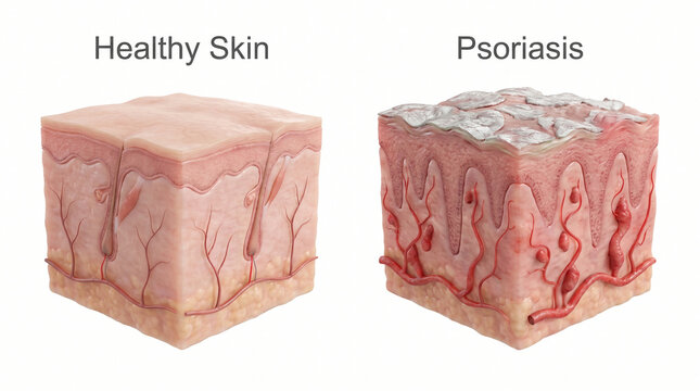 Psoriasis Disease vs Healthy Skin 3D Cross Section Anatomy