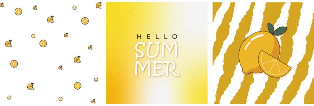 Summer vector background set featuring bee seamless pattern, hello summer typography and fresh orange citrus illustration for seasonal branding, packaging and social media