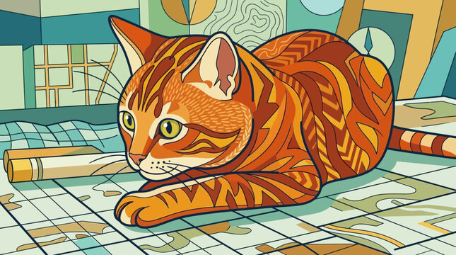 stylized cat lounging on maps with compass and map elements in background