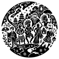 Obraz premium global diversity cultural celebration with multicultural people in traditional costumes depicting world unity in a global concept illustration