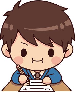 Cute boy writing or taking test, cartoon style, focused expression
