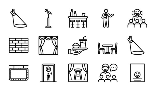 Comedy Club Icons: Stand-up, Stage, Bar, Audience, Venue Vector Set