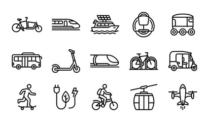 Modern Transportation Icons Set: Electric Vehicles, Public Transit, Personal Mobility, Air Travel © Mumin