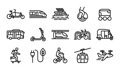 Modern Transportation Icons: Eco-Friendly Mobility, Urban Commute, Futuristic Travel Vector Set © Mumin