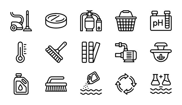 Pool Maintenance Icons Set, Water Care Equipment, Cleaning Tools, Chemical Testing Kit, Vector Graphics