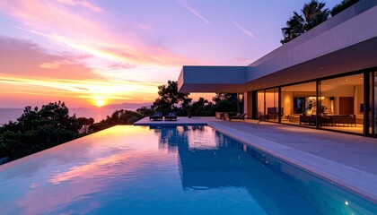 Fototapeta premium Luxury villa with infinity pool at sunset overlooking the ocean.
