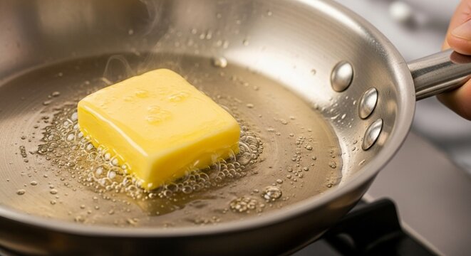 Butter Melting in Hot Skillet: Cooking Preparation Close-up