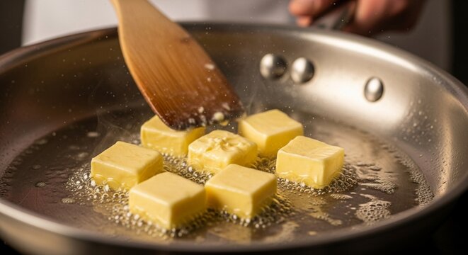 Buttery Sizzles: Cubes Melting and Stirring in Hot Skillet