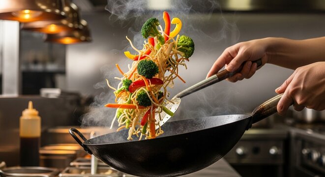 Chef cooking asian noodles and vegetables in a wok with steam