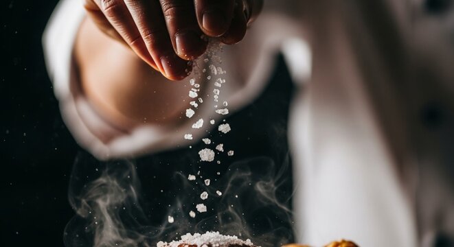 Chef adding coarse salt to steaming food, culinary preparation, close-up, dramatic lighting