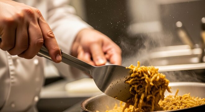Chef cooking stir-fried noodles in wok with steam