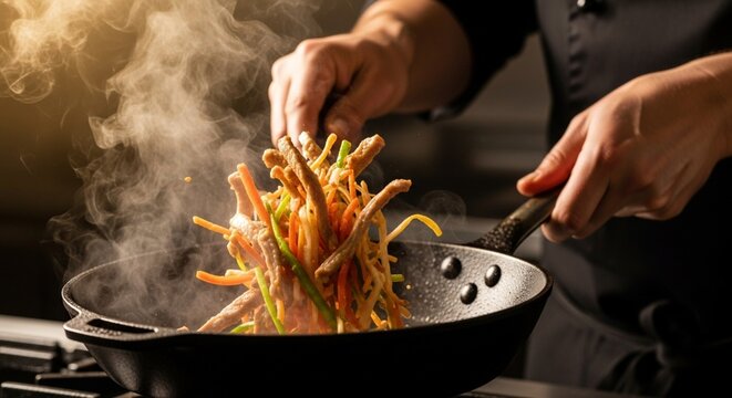 Chef cooking stir-fry vegetables and meat in a hot wok, steam rising
