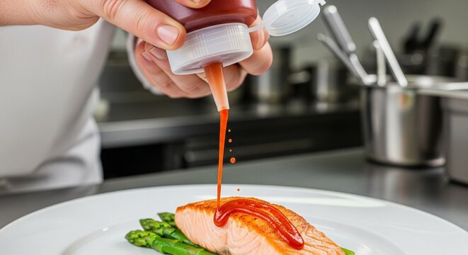 Chef drizzling sauce on salmon fillet with asparagus on white plate | High-end cuisine