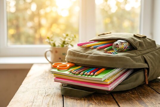 Open school backpack with books, pencils, and scissors, on a wooden surface, preparing for educational activities.