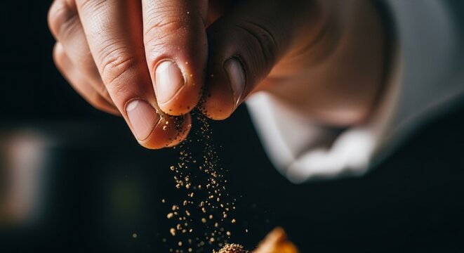 Chef garnishing food with spices