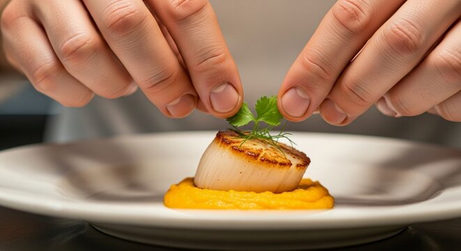 Chef Garnishing Gourmet Seared Scallop on Yellow Pur&eacute;e