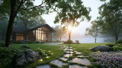 Obraz premium A serene landscape featuring a modern glass house amidst nature