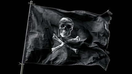 Fototapeta premium Beneath the Dark Sky, a Tattered Flag Flies High, Adorned With a Skull and Bones Symbolizing Adventure and Rebellion
