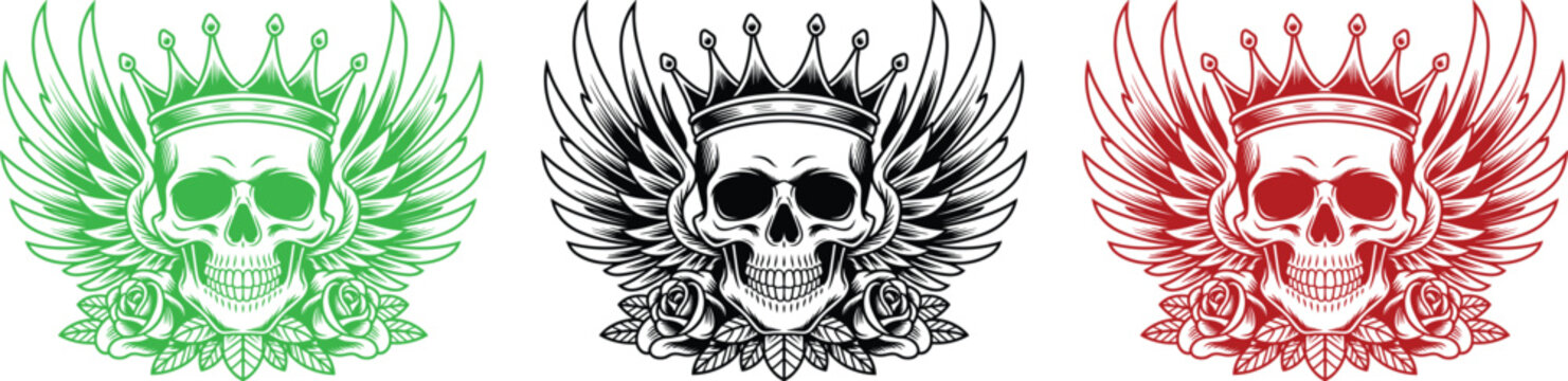 Skull with crown wings and roses emblem in green black and red on white background Keywords: skull, crown, king, queen, wings, roses, flowers, emblem, logo, symbol
