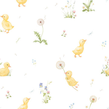 Cute Baby Ducklings in a Spring Meadow Watercolor Seamless Pattern for Nursery