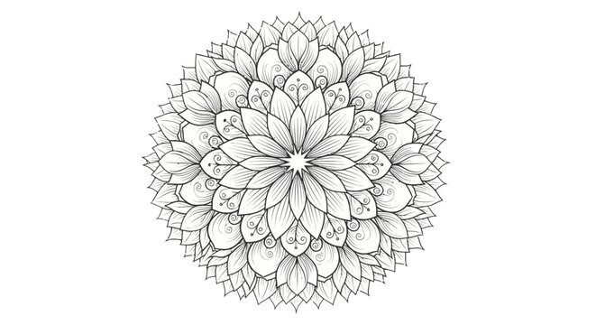 Intricate black and white mandala flower design with complex geometric patterns on an isolated white background.