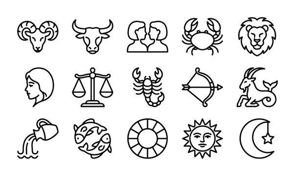 Zodiac Signs Icons, Astrology Symbols Collection, Celestial Constellations Vector Graphics