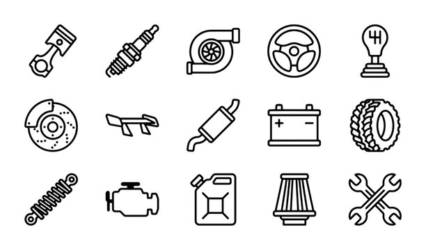 Car Parts Icons Set: Engine, Turbo, Steering Wheel, Gear Shift, Battery, Wrench, Shock Absorber, Spark Plug, Tire, Fuel Canister