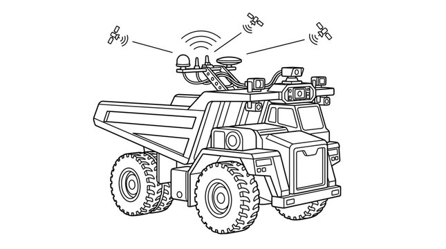 Autonomous Mining Truck with GPS Satellite Navigation System, Line Art Illustration
