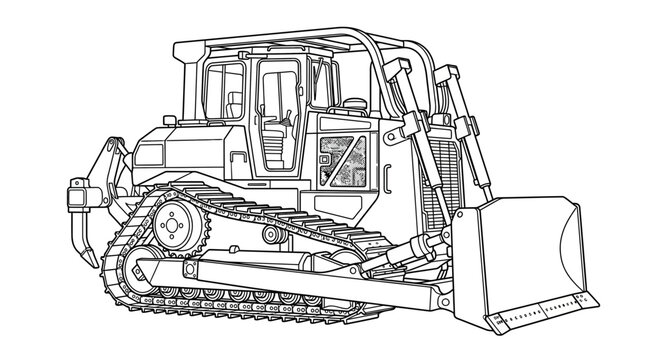 Bulldozer illustration, heavy construction equipment, line art drawing, blueprint style, isolated on white