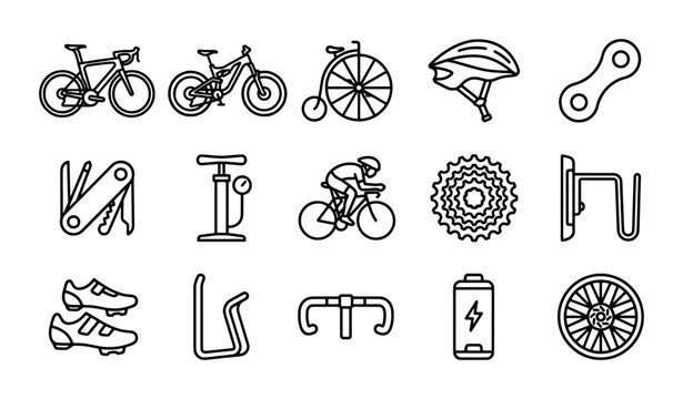 Bicycle Icons Set: Road Bike, Mountain Bike, Penny Farthing, Helmet, Chain, Tools, Pump, Rider, Gears, Rack, Shoes, Bottle Cage, Handlebar, Battery, Wheel