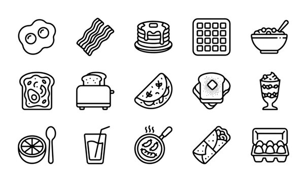 Breakfast Icons Set, 15 Food Graphics, Morning Meal Vector Collection, Cafe Menu Elements