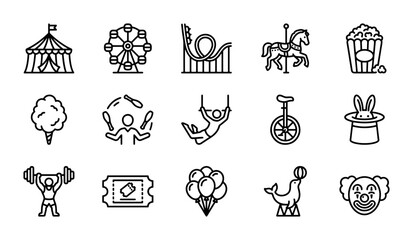 Carnival Icons Set: Circus Tent, Ferris Wheel, Roller Coaster, Carousel Horse, Popcorn, Cotton Candy, Juggler, Acrobat, Unicycle, Magic Hat, Strongman, Ticket, Balloons, Seal, Clown Face © Russel