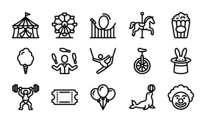 Circus Icons Set: Carnival, Fairground, Amusement Park Vector Graphics for Entertainment Themes © Russel