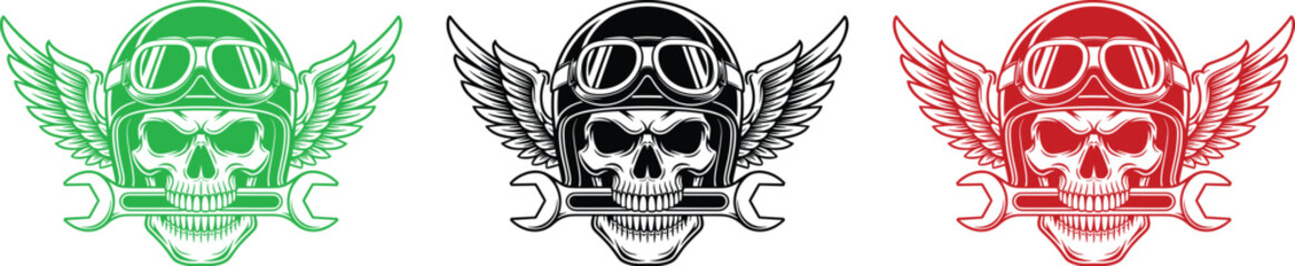 Skull with Goggles Helmet Wings and Wrench Emblem Vector Art aviator pilot © QueenMomtaz 