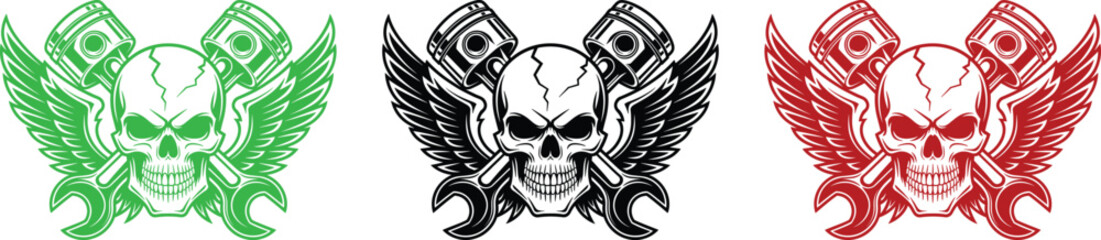 Fototapeta premium Skull with Pistons and Wings Emblem in Green Black and Red Colors 
