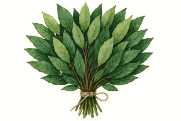 Fototapeta premium Freshly harvested bundle of bay laurel branches tied with twine on white background