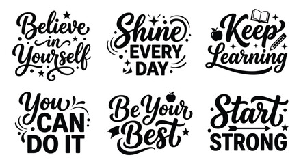 Set of six inspirational and motivational typography quote designs with handlettered calligraphy phrases for tshirt prints and creative graphic design projects © Risfat