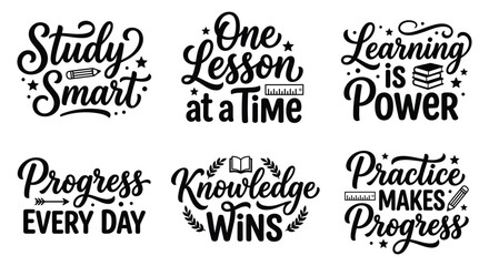Set of six inspirational education and study quotes with handwritten typography designs perfect for tshirt print stickers and academic poster decorations © Minara